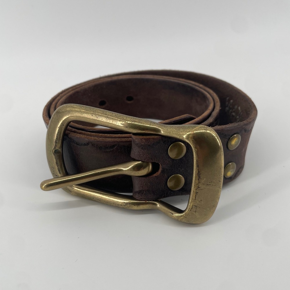 Jean Shop Leather Belt Mens L Brown Brass Buckle Distressed Scalloped Embossed